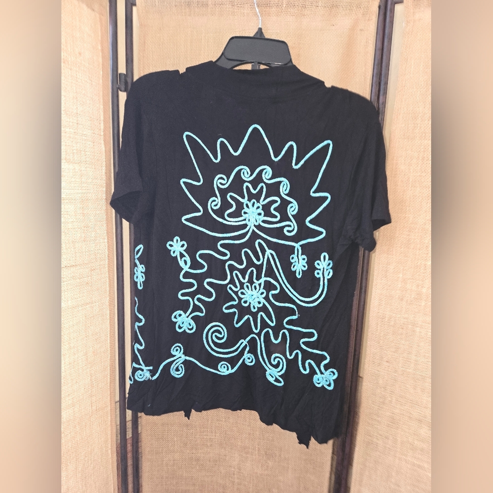 Women's Investments Petites Short Sleeve Black Teal Ric Rac Cardigan Type Top PS - Picture 13 of 13